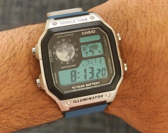 Custom Casio AE1200 Mod Watch - "Lunar Horizon" Moon Edition | Blue Leather Magnetic Strap | Silver Casio Royale Mod