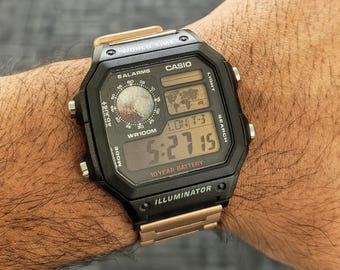 Custom Casio AE1200 Mod Watch - "Avernus" Pluto Edition | Rose Gold Stainless Steel Magnetic Strap | Amber Casio Royale Mod