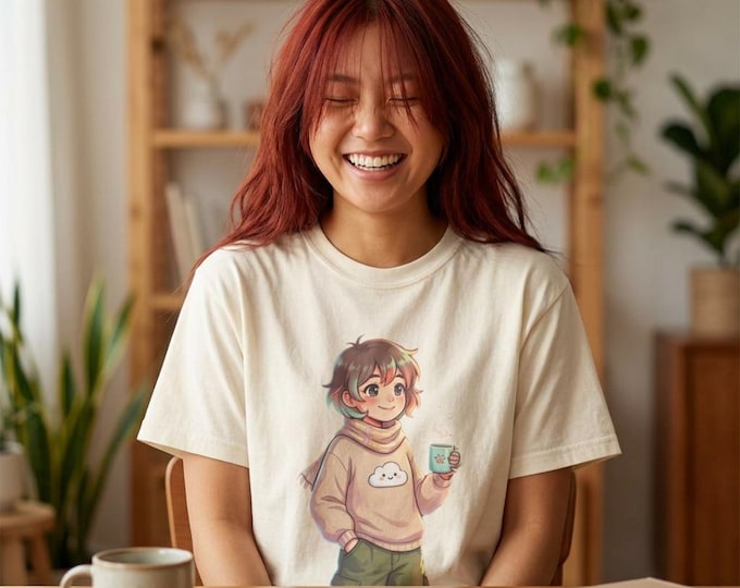 Cozy Anime Kid Holding Coffee T-shirt | Hustle More Less Coffee back print