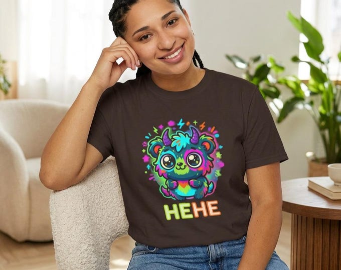 Neon Rainbow Kawaii Bear HEHE Graphic Tee | Playful Critter Cotton Shirt
