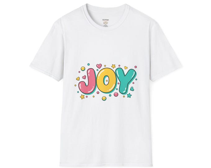 Joy word graphic T-Shirt | Colorful bubble letters, playful stars and hearts