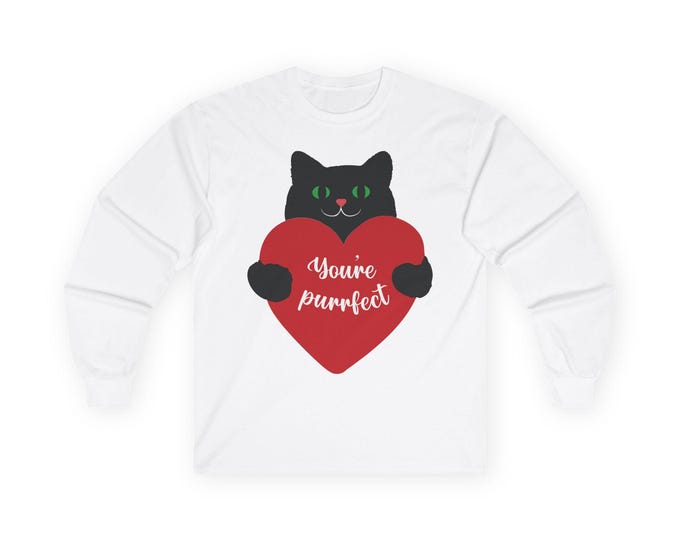 Black Cat Holding Heart You're Purr-fect Long Sleeve Tee | Self Love Club