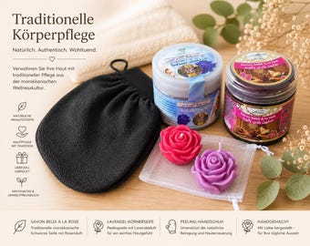 Set tradizionale da hammam marocchino: sapone nero alla rosa, Nila Sahraouia (indaco), guanto esfoliante e 2 candele alla rosa.