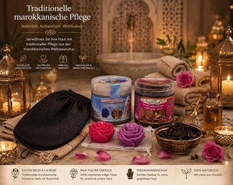 Set tradizionale da hammam marocchino: sapone nero alla rosa, Nila Sahraouia (indaco), guanto esfoliante e 2 candele alla rosa.