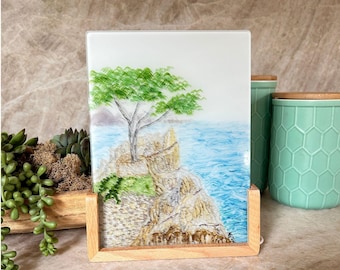 ORIGINAL Alcohol Ink Glass Art | Lone Cypress Tree | Illuminated LED Frame, Signed