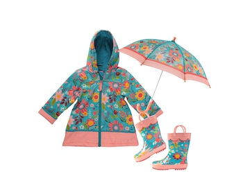 Kids Raincoat, Kids Rain Jacket, Flower Rain Jackets or Girls Rain Coats,Toddler Rain Jackets and boots and umbrella set. Gift for Girl