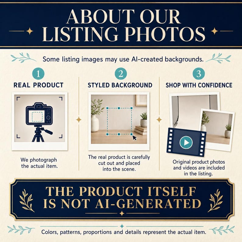 May include: An informational graphic titled ABOUT OUR LISTING PHOTOS with a dark blue header and footer. It explains the use of AI-created backgrounds, showing three steps: photographing the real product, digital placement, and video verification.