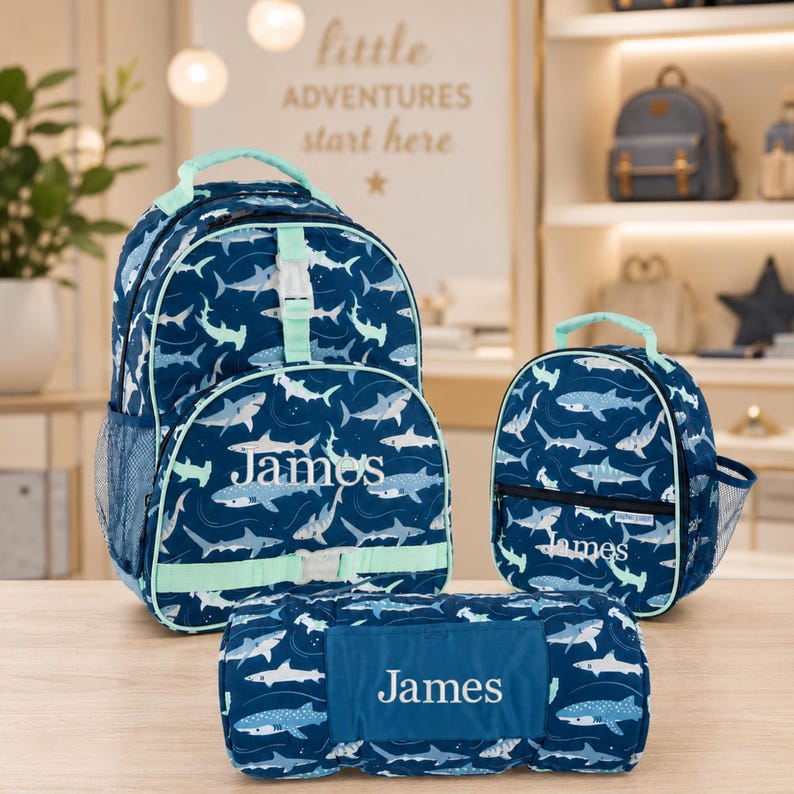 Boy Backapack and lunch box set with napmat and a shark pattern