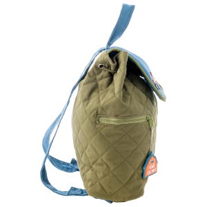 May include: A green quilted backpack with a blue drawstring and straps. The backpack has a zippered pocket on the front and a small patch with the text "HOME BROWN" on it.
