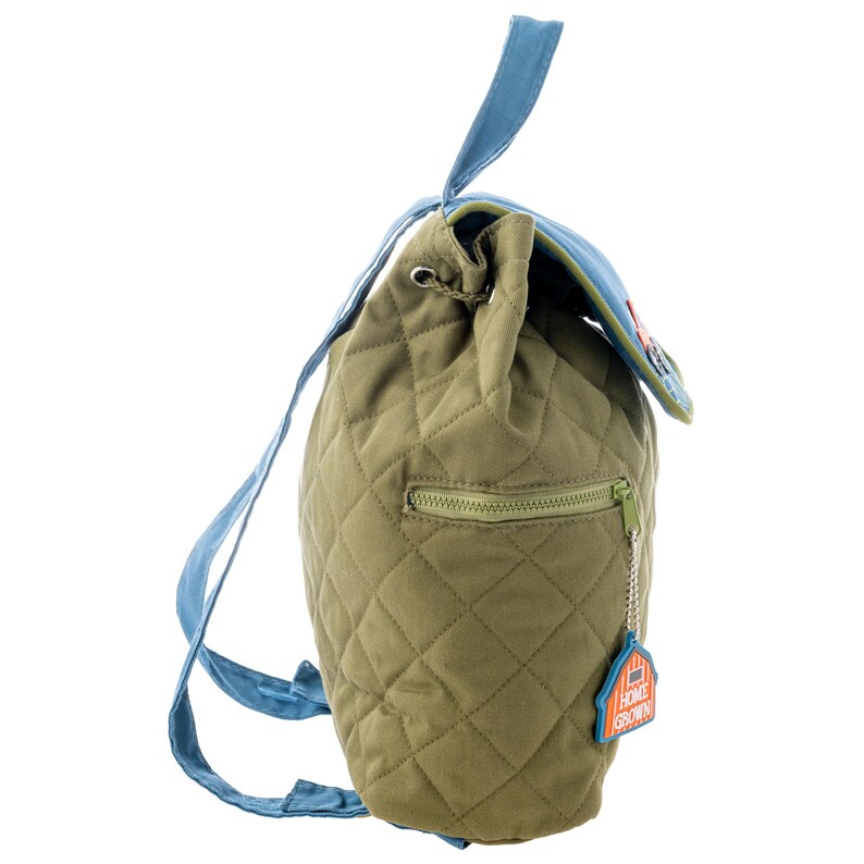 May include: A green quilted backpack with a blue drawstring and straps. The backpack has a zippered pocket on the front and a small patch with the text "HOME BROWN" on it.