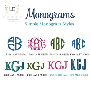 May include: Four different monogram styles are shown. The first style is a circle with the first initial in the center and the last and middle initials on either side. The second style is a script font with the first initial in the center and the last and middle initials on either side. The third style is a circle with the first, last, and middle initials in a straight line. The fourth style is a block font with the first, last, and middle initials in a straight line. The text below each monogram shows the order of the initials.