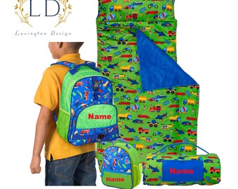 Personalized Kids Backpack and Lunch Box set with Matching Nap Mat full set Boys Transportation Set