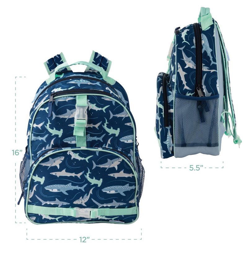 May include: A navy blue backpack with a shark pattern, measuring 16 inches high, 12 inches wide, and 5.5 inches deep. It features a front pocket, side mesh pockets, and mint green accents on the straps and buckles. The backpack is designed with a repeating pattern of various shark species.