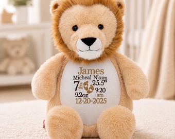 Personalized Birth Stats Lion, Embroidered Baby Keepsake, Birth Announcement Gift, Baby Shower Gift