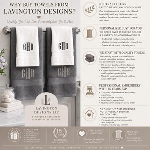 May include: Two gray bath towels with white top sections hanging on a metal rod. Each towel features the embroidered monogram GHR in both the white and gray areas. The image includes text detailing Lavington Designs services, embroidery expertise, and quality standards for personalized gifts.