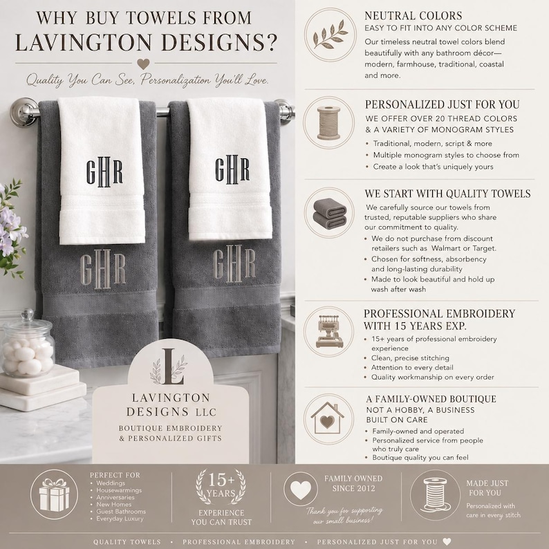 May include: Two gray bath towels with white top sections hanging on a metal rod. Each towel features the embroidered monogram GHR in both the white and gray areas. The image includes text detailing Lavington Designs services, embroidery expertise, and quality standards for personalized gifts.