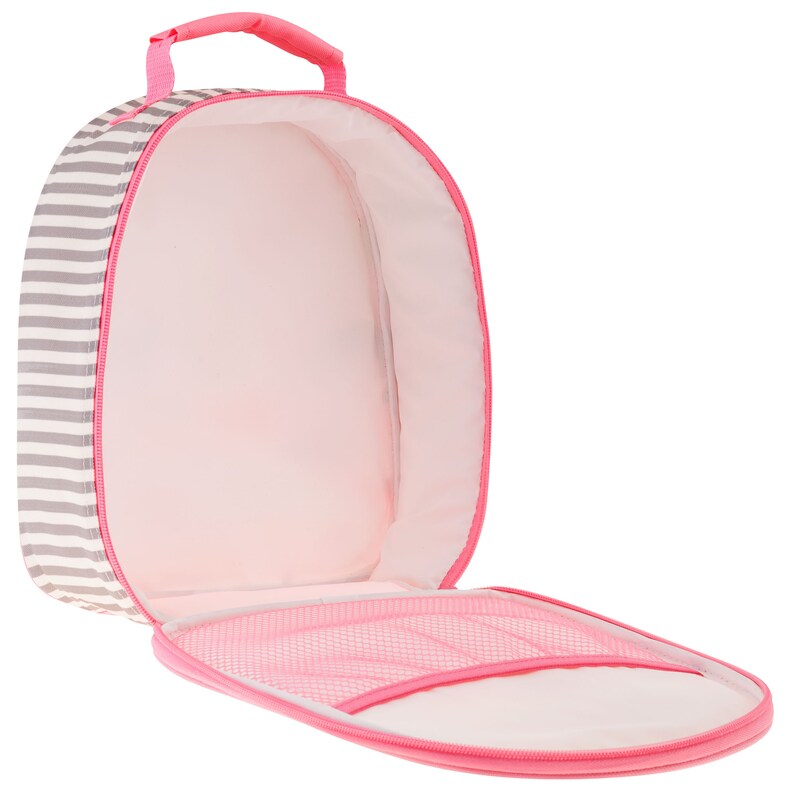 May include: A pink and white striped insulated lunch bag with a pink zipper and a mesh pocket inside. The bag has a handle on top.