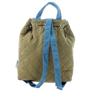 May include: A green quilted backpack with blue straps. The backpack has a drawstring closure and a small pocket on the front.
