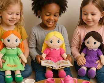 Personalized Ragdoll, my first cloth-bodied doll in bright colors, with a name embroidered on the dress.