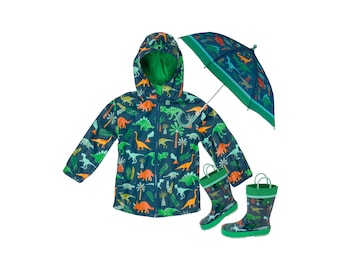 Boys Raincoat, Kids Rain Jacket, Boys Rain Jackets By Stephen Joseph Dinosaur Pattern Rain Gear Set Includes Rain Jacket,Boots and Umbrella