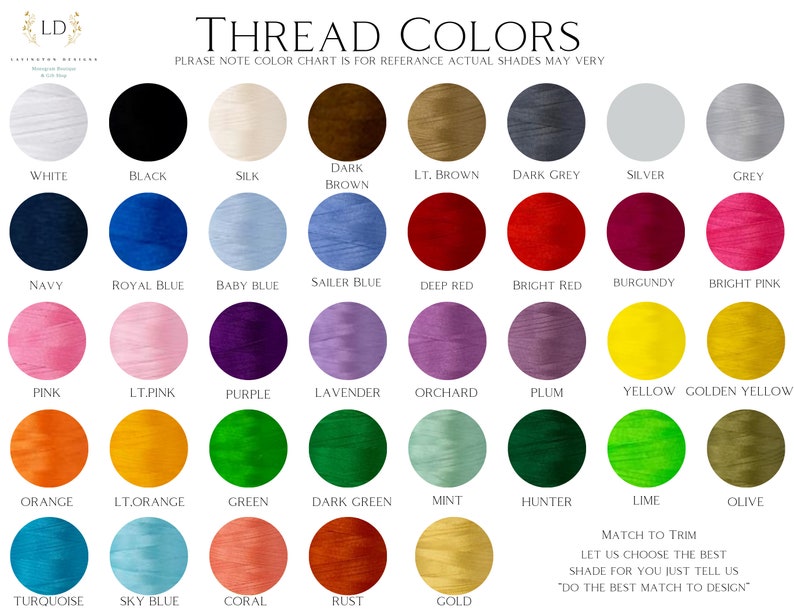 May include: A color chart of thread colors for embroidery. The chart includes 36 different colors, including white, black, navy, royal blue, baby blue, pink, light pink, purple, lavender, orange, light orange, green, dark green, turquoise, sky blue, coral, rust, gold, yellow, golden yellow, deep red, bright red, burgundy, bright pink, orchard, plum, lime, olive, dark brown, light brown, dark grey, silver, and grey. The chart also includes the text "THREAD COLORS" and "PLEASE NOTE COLOR CHART IS FOR REFERENCE ACTUAL SHADES MAY VERY".
