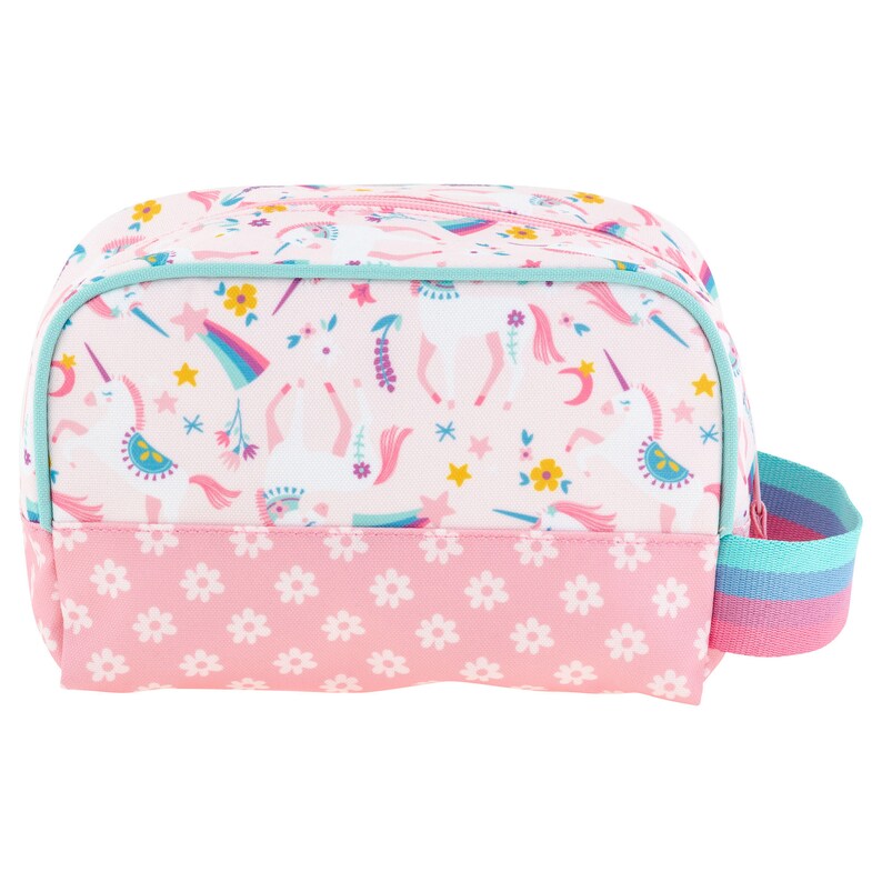 May include: Pink and white toiletry bag with a unicorn and floral print. The bag has a zipper closure and a carrying handle.