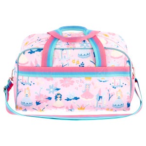 May include: A light pink duffel bag featuring a repeating pattern of illustrated princesses, castles, crowns, and flowers. The bag includes dual top handles and an adjustable shoulder strap, both designed with horizontal stripes in pink and blue.