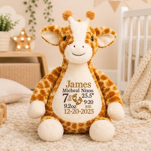 May include: A plush giraffe toy with brown and white fur. The cream-colored belly features embroidered text: James, Micheal Nixon, 7 lbs 9.2 oz, 25.5 inches, 9:20 am, and 12-20-2025, along with two small footprint icons in brown thread.
