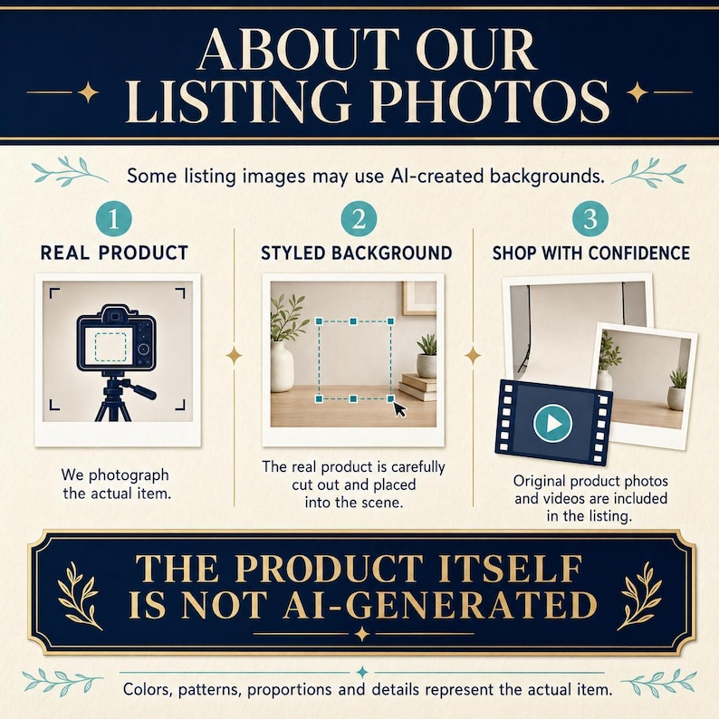 May include: An informational graphic titled ABOUT OUR LISTING PHOTOS with a dark blue header and footer. It explains the use of AI-created backgrounds, showing three steps: photographing the real product, digital placement, and video verification.