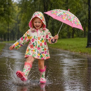 May include: A hooded raincoat and matching rain boots featuring a colorful floral pattern with pink, yellow, and green flowers on a cream background. The raincoat has the name Molly embroidered on the chest and is paired with a floral umbrella.