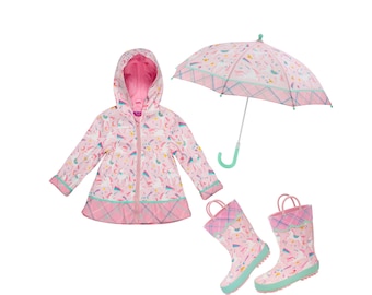 Kids Raincoat, Kids Rain Jacket, Girls Rain Jackets or Unicorn Rain Coat ,Toddler Rain Jackets and boots and umbrella set. Gift for Girl