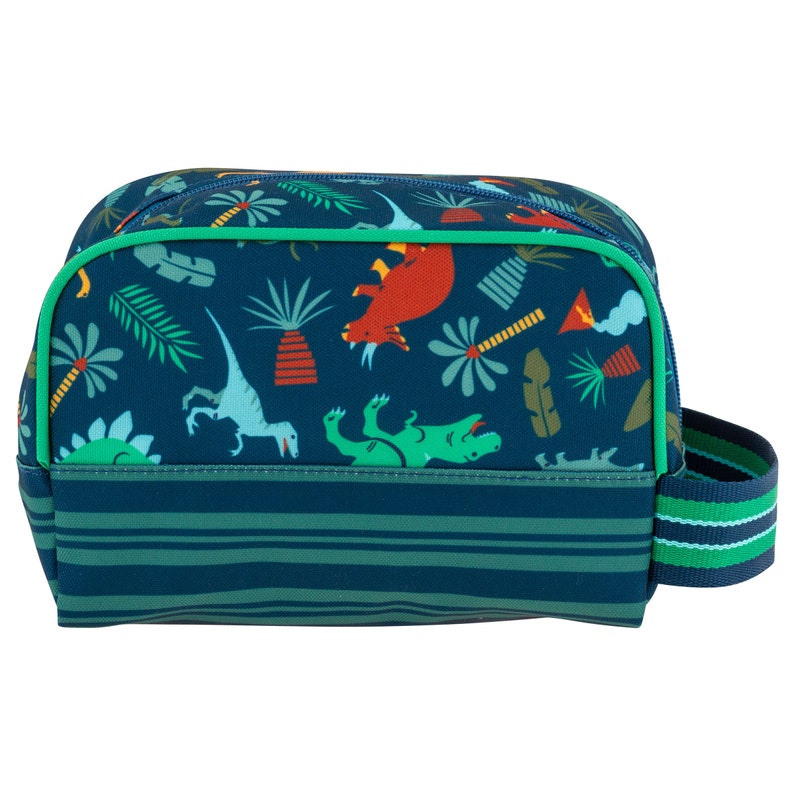May include: A blue and green striped travel bag with a zipper closure and a dinosaur print. The print features green, red, and yellow dinosaurs on a dark blue background.