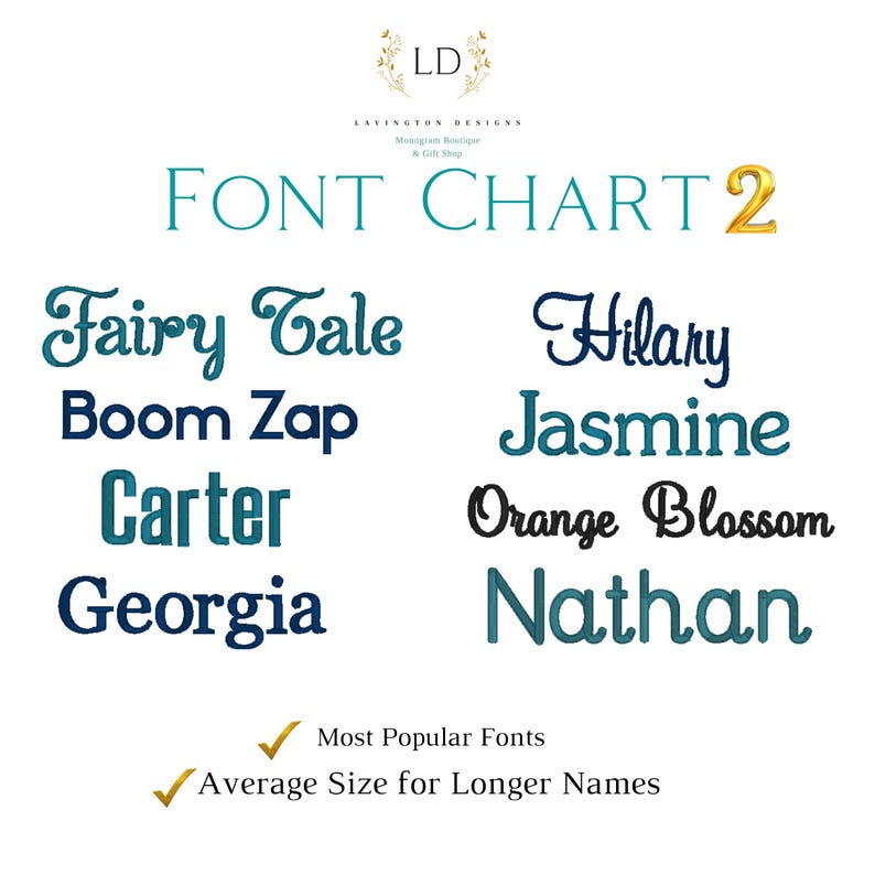 May include: Font chart featuring various font styles in teal and black. The text includes "Fairy Tale," "Hilary," "Boom Zap," "Jasmine," "Carter," "Orange Blossom," "Georgia," and "Nathan." The chart also notes "Most Popular Fonts" and "Average Size for Longer Names."