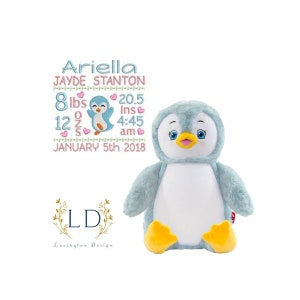 Animales de anuncio de nacimiento, lectura de carta natal, peluche personalizado, pingüino de peluche, peluches de anuncio de nacimiento