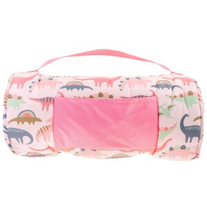 May include: Pink and green dinosaur print sleeping mat with a pink carrying handle and a pink zippered pocket.