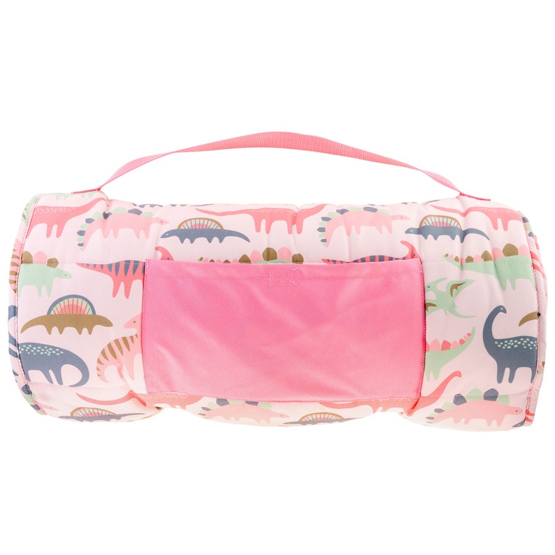 May include: Pink and green dinosaur print sleeping mat with a pink carrying handle and a pink zippered pocket.