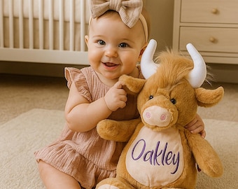 Personalized Highland Cow Plush, Western Baby Shower Gift, Farm Nursery Decor, Birth Stats Stuffed Animal”