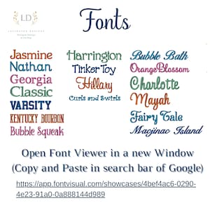May include: A list of fonts with names like Jasmine, Nathan, Georgia, Classic, Varsity, Kentucky Bourbon, Bubble Squeak, Harrington, Tinker Toy, Hillary, Bubble Bath, Orange Blossom, Charlotte, Mayah, Fairy Tale, and Macjinac Island. The text "Open Font Viewer in a new Window (Copy and Paste in search bar of Google) https://app.fontvisual.com/showcases/4bef4ac6-0290-4e23-91a0-0a888144d989" is also included.