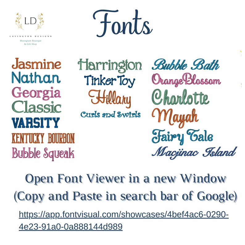 May include: A list of fonts with names like Jasmine, Nathan, Georgia, Classic, Varsity, Kentucky Bourbon, Bubble Squeak, Harrington, Tinker Toy, Hillary, Bubble Bath, Orange Blossom, Charlotte, Mayah, Fairy Tale, and Macjinac Island. The text "Open Font Viewer in a new Window (Copy and Paste in search bar of Google) https://app.fontvisual.com/showcases/4bef4ac6-0290-4e23-91a0-0a888144d989" is also included.