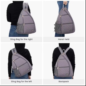 K&ouml;nnte beinhalten: Eine graue gesteppte Umh&auml;ngetasche mit Rei&szlig;verschlussfach und Netzfach. Die Tasche kann als Umh&auml;ngetasche an der linken oder rechten Schulter getragen, in der Hand getragen oder als Rucksack getragen werden.