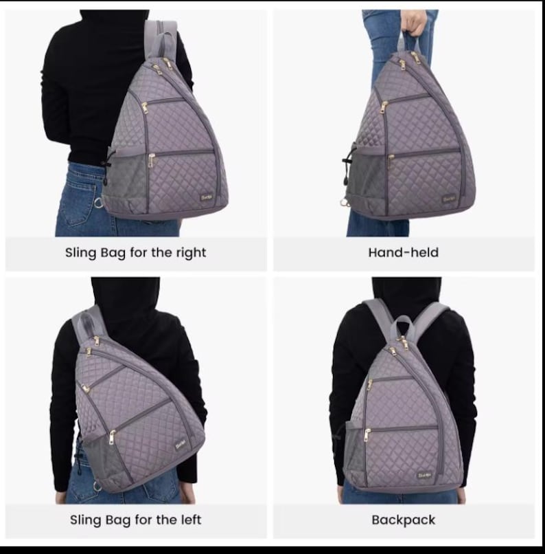 K&ouml;nnte beinhalten: Eine graue gesteppte Umh&auml;ngetasche mit Rei&szlig;verschlussfach und Netzfach. Die Tasche kann als Umh&auml;ngetasche an der linken oder rechten Schulter getragen, in der Hand getragen oder als Rucksack getragen werden.