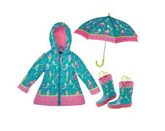 Kids Raincoat, Kids Rain Jacket, Mermaid Rain Jackets or Girls Rain Coats,Toddler Rain Jackets and boots and umbrella set. Gift for Girl