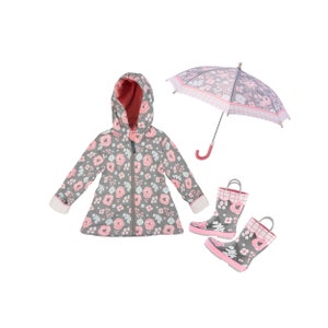 Gilrs Rain Coat, Girls Rain Jacket, Personalized Rain Jacket, Floral Rain Jacket, Grey Rain Jacket, Toddler Rain Coat, Boots, Umbrella Set