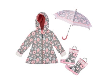 Gilrs Rain Coat, Girls Rain Jacket, Personalized Rain Jacket, Floral Rain Jacket, Grey Rain Jacket, Toddler Rain Coat, Boots, Umbrella Set