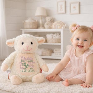 May include: A cream-colored plush lamb toy featuring embroidered birth details on its belly, including the name Charlotte Ray Costa, birth date 12-20-2025, weight 7 lbs 9.2 oz, length 25.5 inches, and birth time 9:20 am, with two small green footprints.