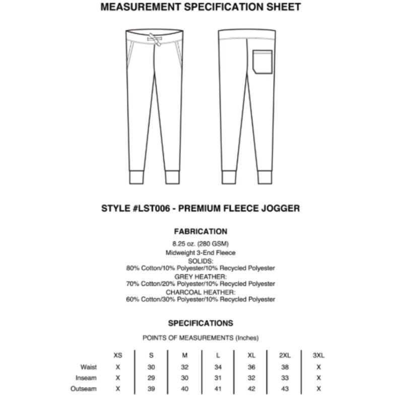 May include: A measurement specification sheet for a premium fleece jogger, style #LST006. The sheet includes a front and back view of the jogger, fabrication details, and points of measurements in inches. The jogger is made of 8.25 oz. midweight 3-end fleece.