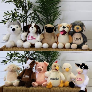 May include: A collection of plush animal toys, including a husky, dog, pug, bulldog, and a gray dog, along with a sheep, horse, pig, chicken, duck, and cow. Each toy has a personalized name embroidered on its chest. The toys are arranged on a woven shelf.