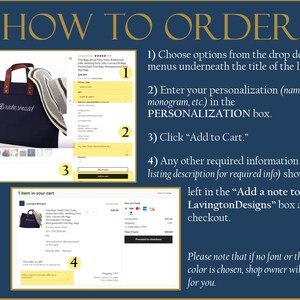 May include: How to order a personalized tote bag. Choose from the drop down menus, enter your personalization in the personalization box, click "Add to Cart", and add any other required information in the "Add a note to LavingtonDesigns" box at checkout. Please note that if no font or thread color is chosen, the shop owner will choose for you.