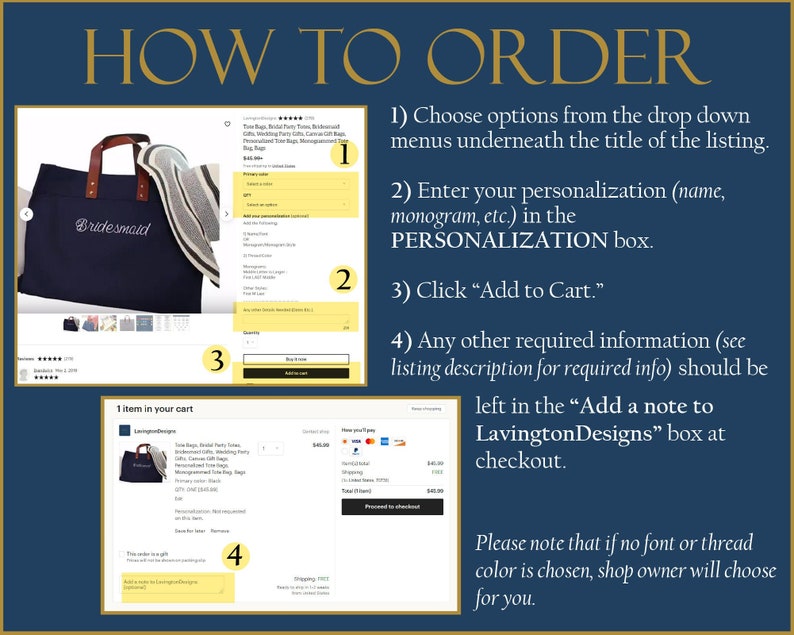 May include: How to order a personalized tote bag. Choose from the drop down menus, enter your personalization in the personalization box, click "Add to Cart", and add any other required information in the "Add a note to LavingtonDesigns" box at checkout. Please note that if no font or thread color is chosen, the shop owner will choose for you.