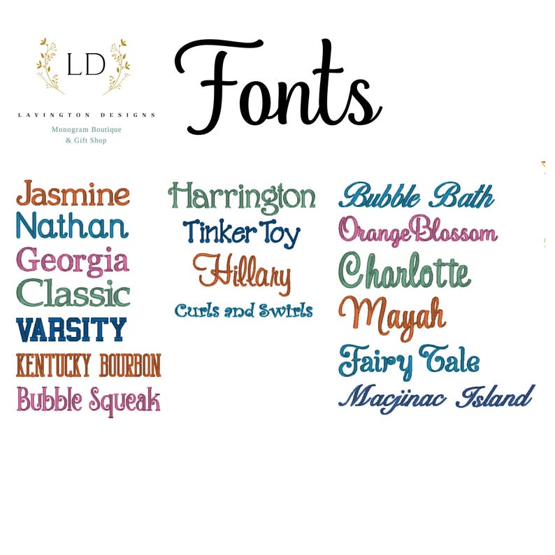 K&ouml;nnte beinhalten: Eine Liste von Schriftarten f&uuml;r die Monogrammierung, darunter Jasmine, Nathan, Georgia, Classic, Varsity, Kentucky Bourbon, Bubble Squeak, Harrington, Tinker Toy, Hillary, Bubble Bath, Orange Blossom, Charlotte, Mayah, Fairy Tale und Macjinac Island.